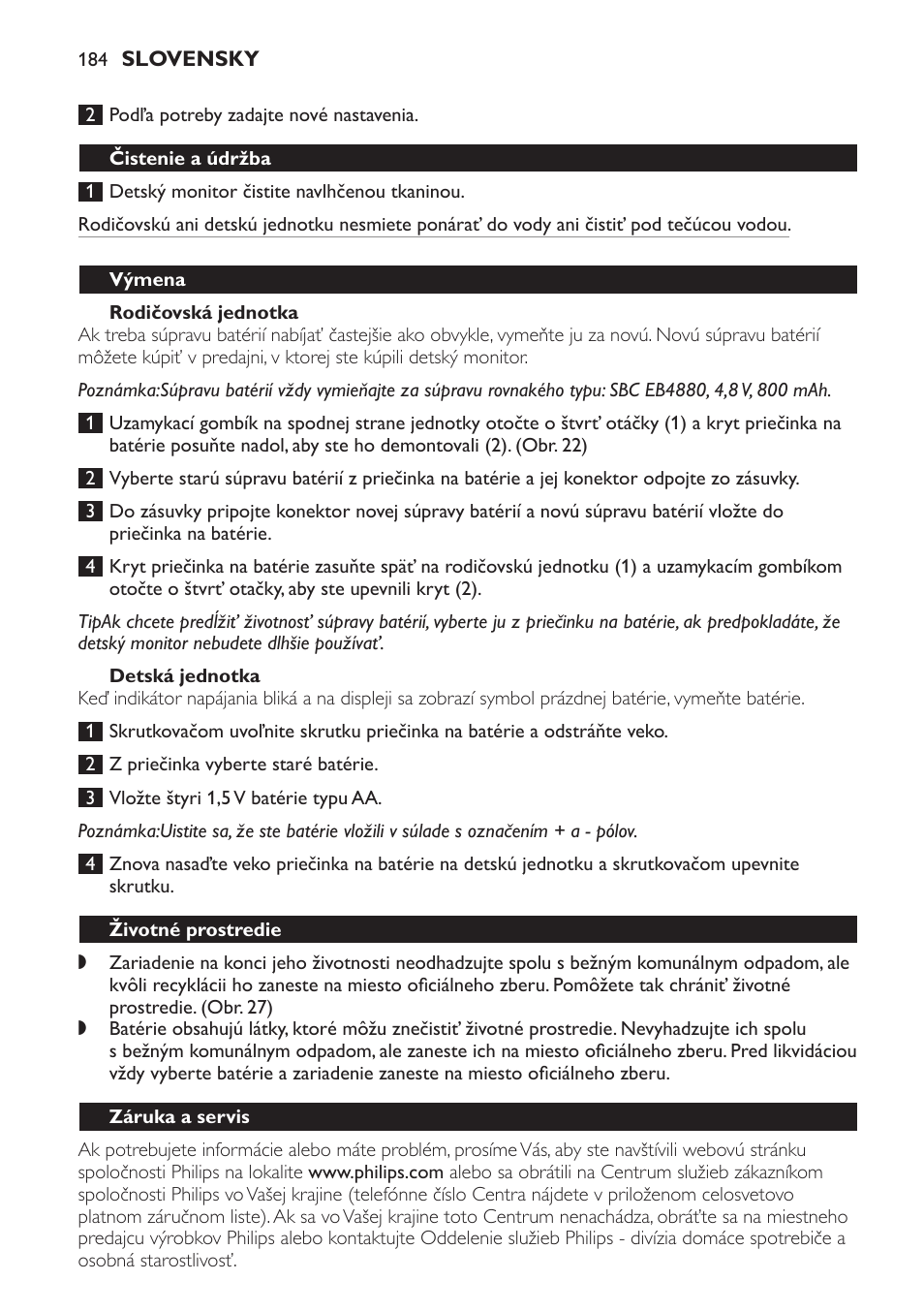 Rodičovská jednotka, Detská jednotka, Čistenie a údržba | Výmena, Životné prostredie, Záruka a servis | Philips SCD469 User Manual | Page 184 / 236