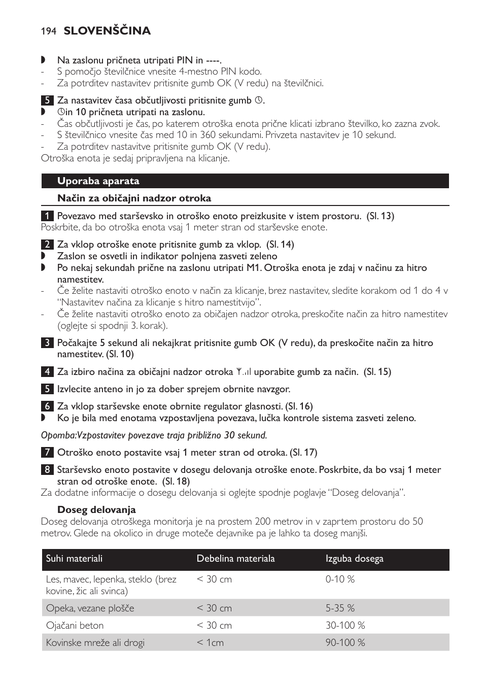 Uporaba aparata, Način za običajni nadzor otroka, Doseg delovanja | Philips SCD469 User Manual | Page 194 / 236