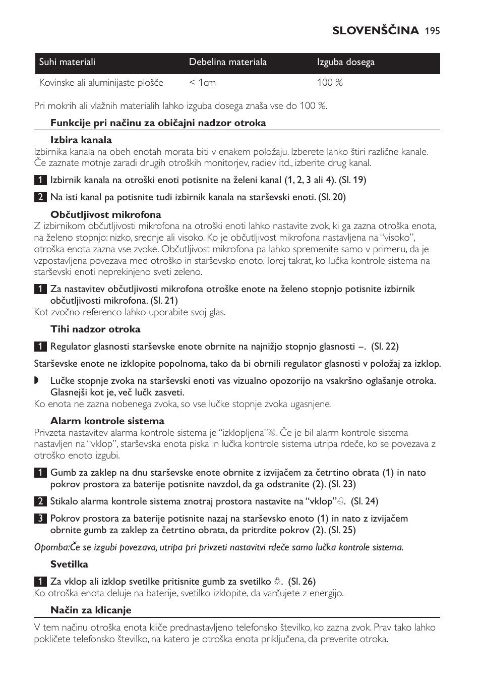 Funkcije pri načinu za običajni nadzor otroka, Izbira kanala, Občutljivost mikrofona | Tihi nadzor otroka, Alarm kontrole sistema, Svetilka, Način za klicanje | Philips SCD469 User Manual | Page 195 / 236