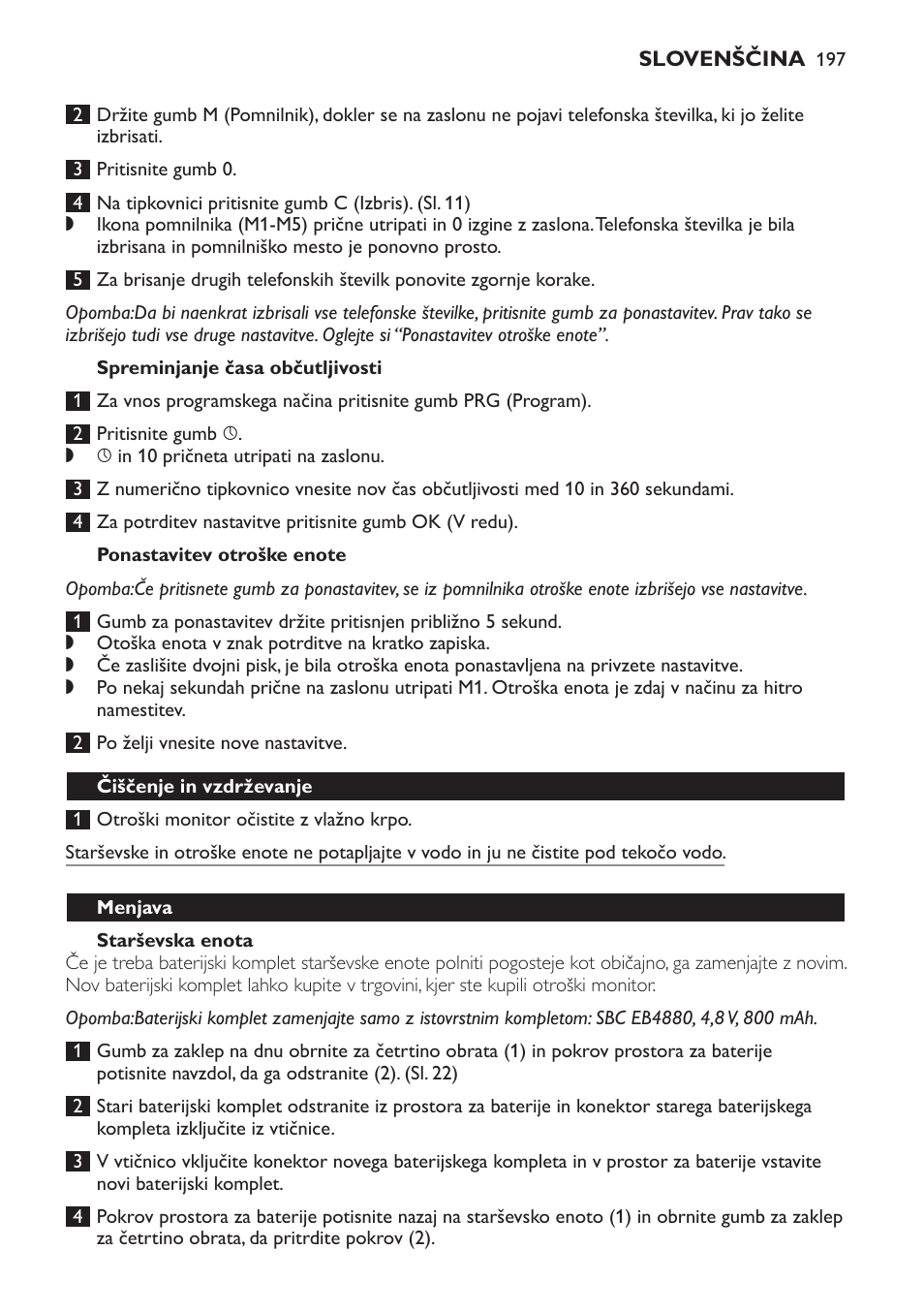 Spreminjanje časa občutljivosti, Ponastavitev otroške enote, Starševska enota | Čiščenje in vzdrževanje, Menjava | Philips SCD469 User Manual | Page 197 / 236