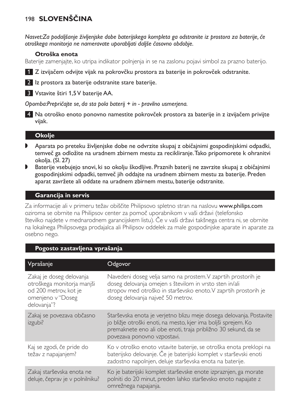 Otroška enota, Okolje, Garancija in servis | Pogosto zastavljena vprašanja | Philips SCD469 User Manual | Page 198 / 236
