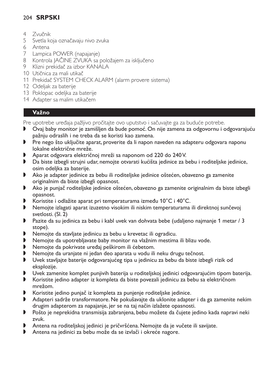 Važno, Pre upotrebe, Jedinica za bebu | Napajanje sa električne mreže | Philips SCD469 User Manual | Page 204 / 236