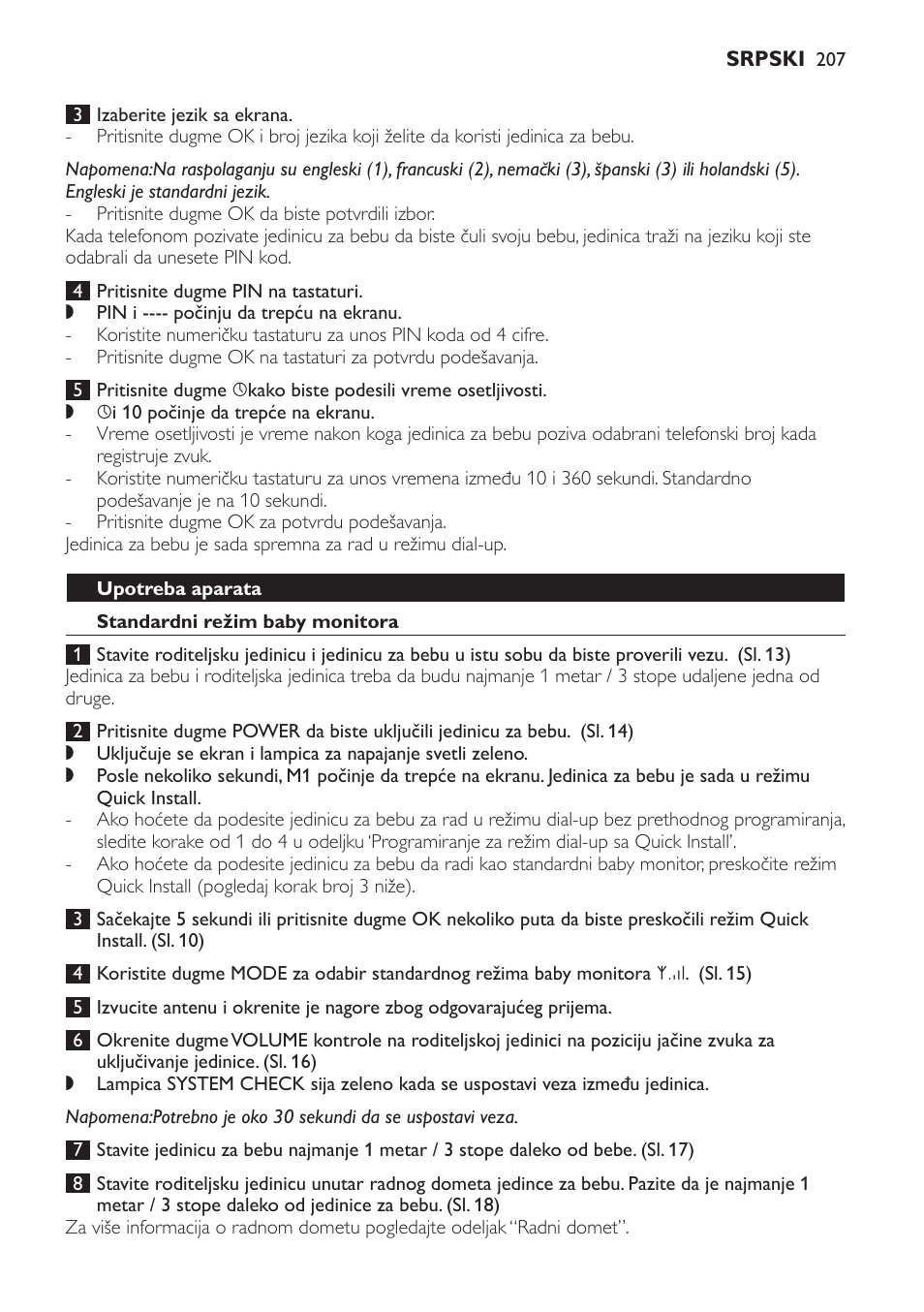 Upotreba aparata, Standardni režim baby monitora, Radni domet | Philips SCD469 User Manual | Page 207 / 236