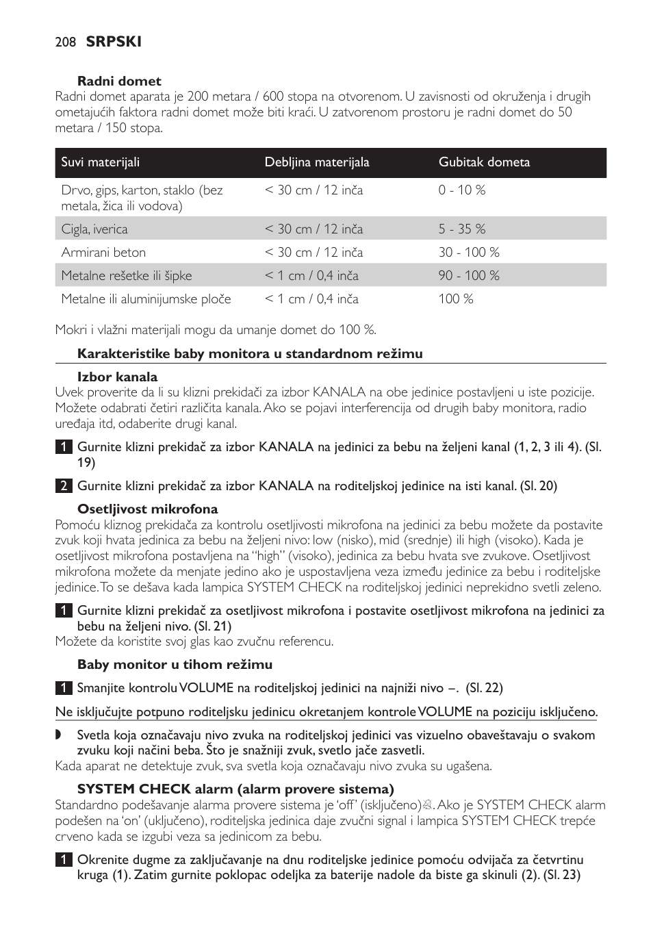 Karakteristike baby monitora u standardnom režimu, Izbor kanala, Osetljivost mikrofona | Baby monitor u tihom režimu, System check alarm (alarm provere sistema) | Philips SCD469 User Manual | Page 208 / 236