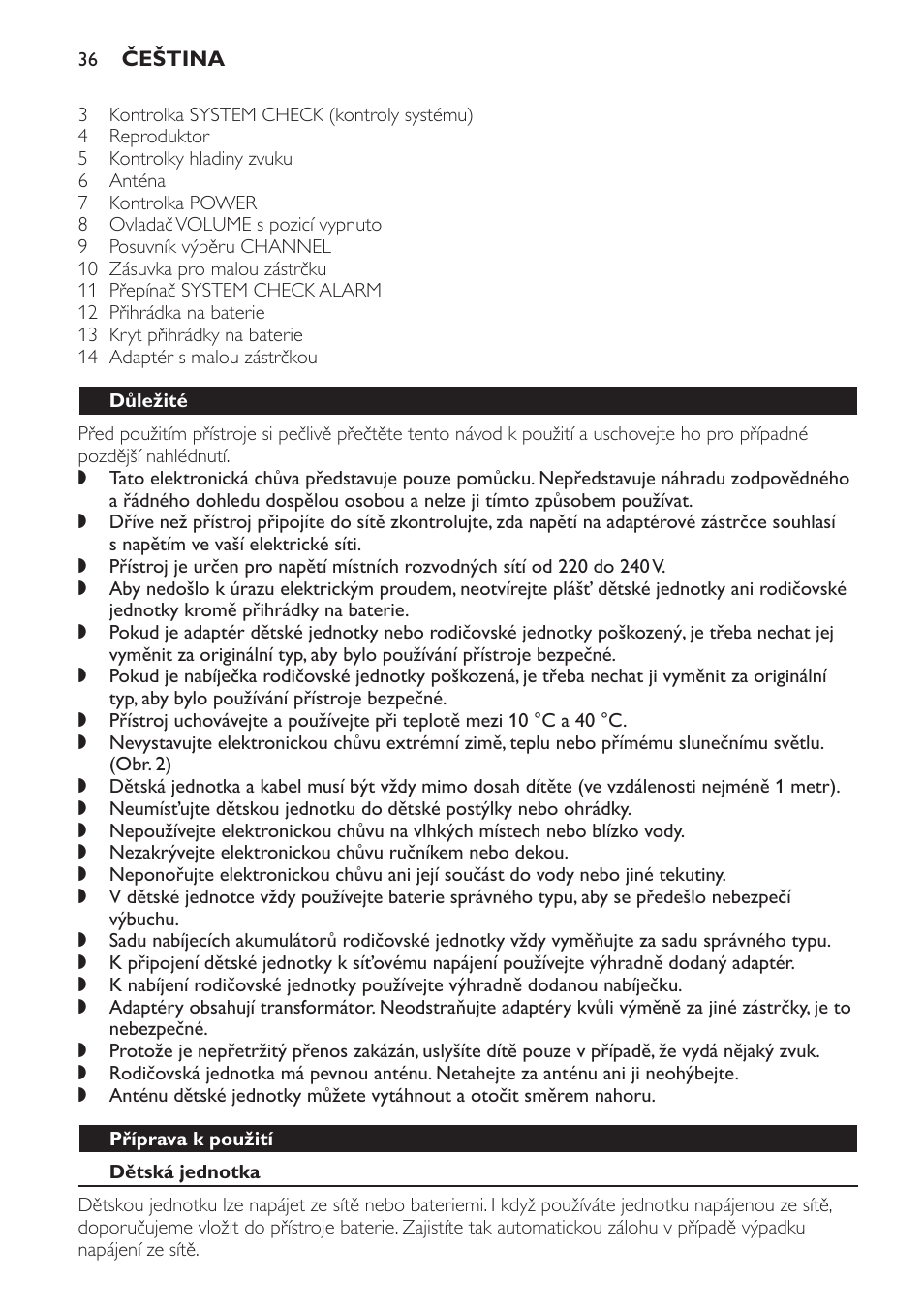 Důležité, Příprava k použití, Dětská jednotka | Napájení ze sítě | Philips SCD469 User Manual | Page 36 / 236