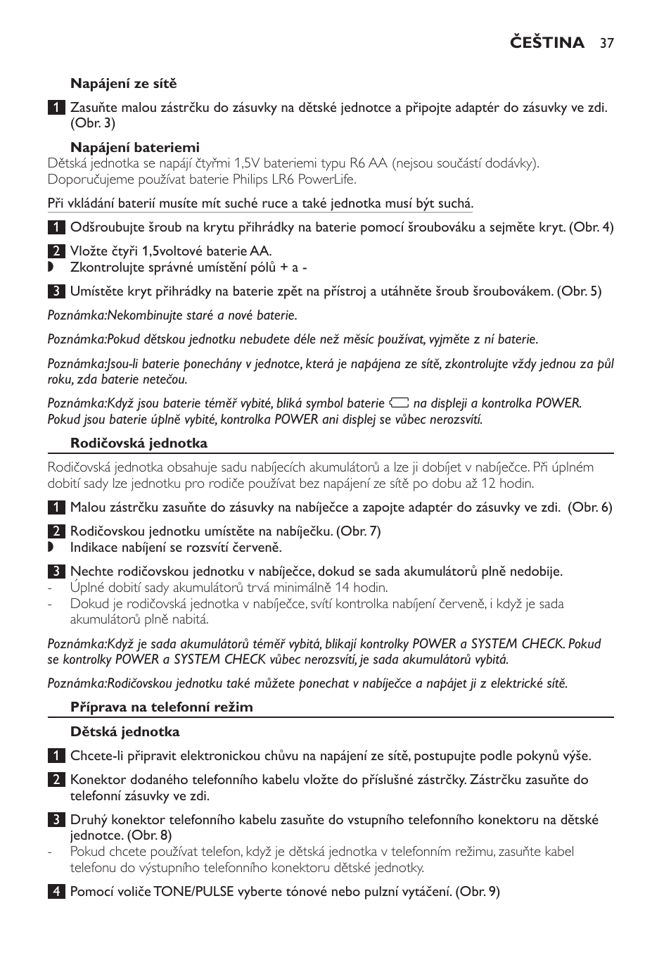 Napájení bateriemi, Rodičovská jednotka, Příprava na telefonní režim | Dětská jednotka | Philips SCD469 User Manual | Page 37 / 236