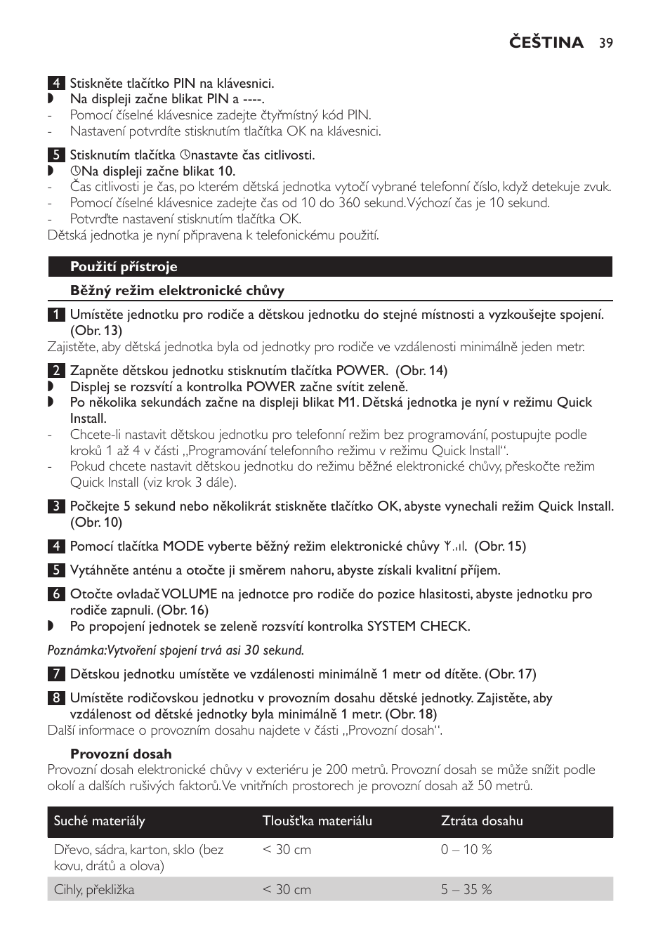 Použití přístroje, Běžný režim elektronické chůvy, Provozní dosah | Philips SCD469 User Manual | Page 39 / 236
