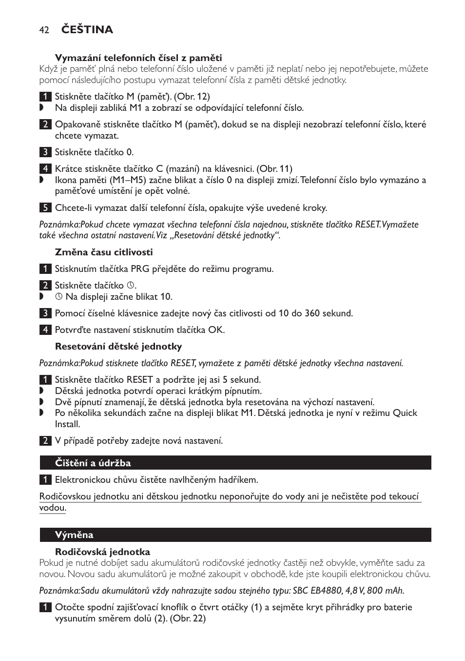 Změna času citlivosti, Resetování dětské jednotky, Rodičovská jednotka | Čištění a údržba, Výměna | Philips SCD469 User Manual | Page 42 / 236