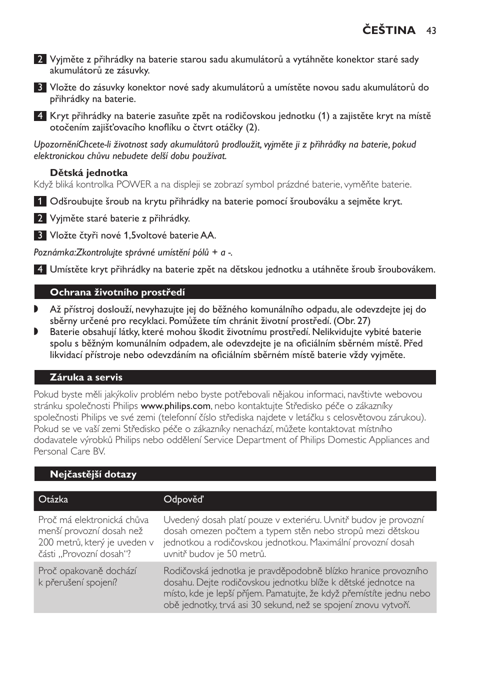 Dětská jednotka, Ochrana životního prostředí, Záruka a servis | Nejčastější dotazy | Philips SCD469 User Manual | Page 43 / 236