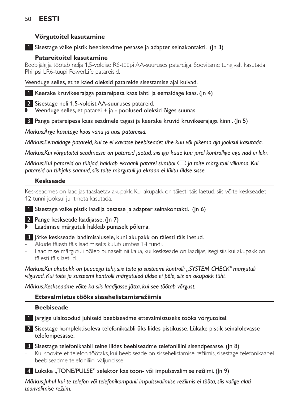 Patareitoitel kasutamine, Keskseade, Ettevalmistus tööks sissehelistamisrežiimis | Beebiseade | Philips SCD469 User Manual | Page 50 / 236