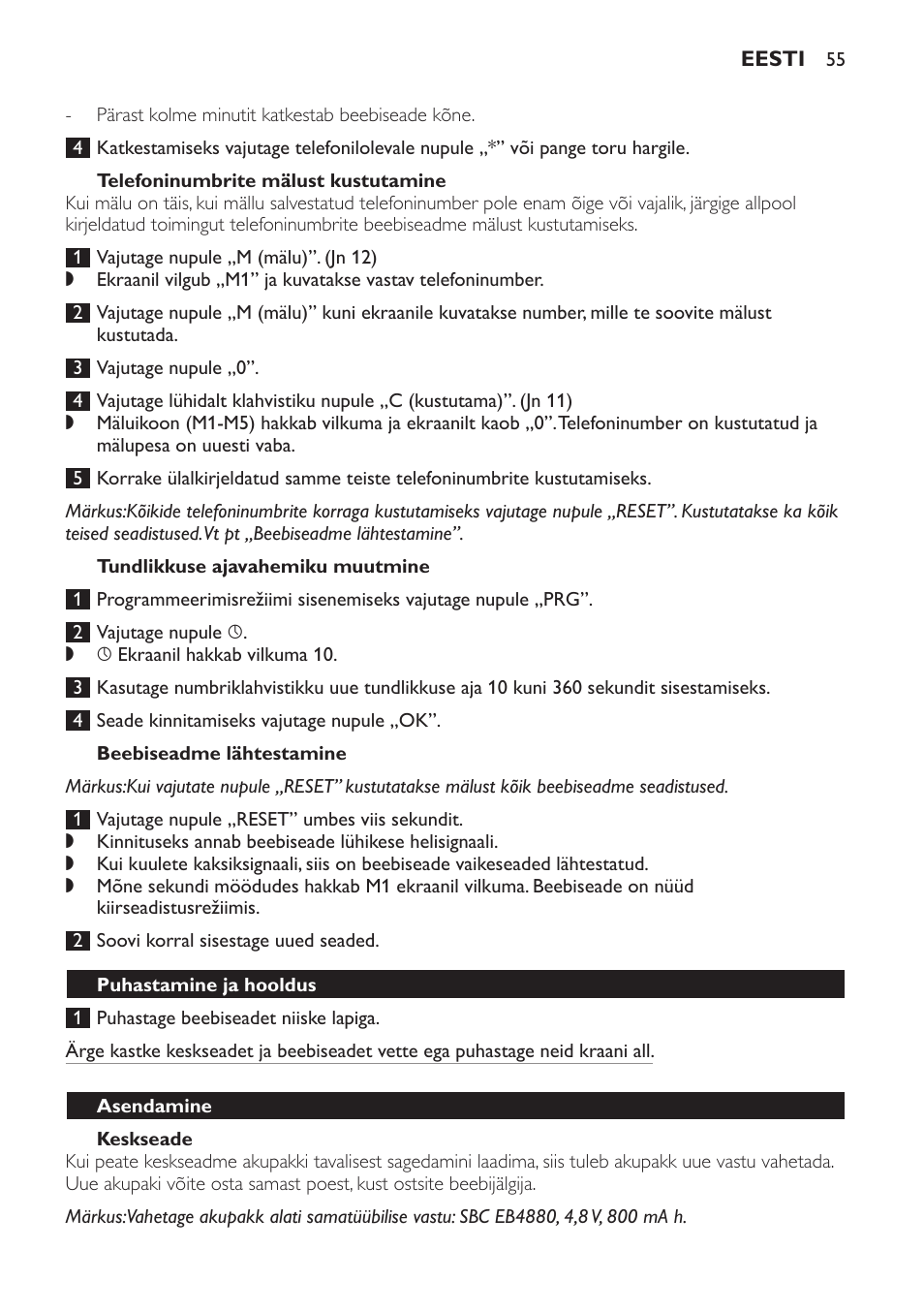 Tundlikkuse ajavahemiku muutmine, Beebiseadme lähtestamine, Keskseade | Puhastamine ja hooldus, Asendamine | Philips SCD469 User Manual | Page 55 / 236