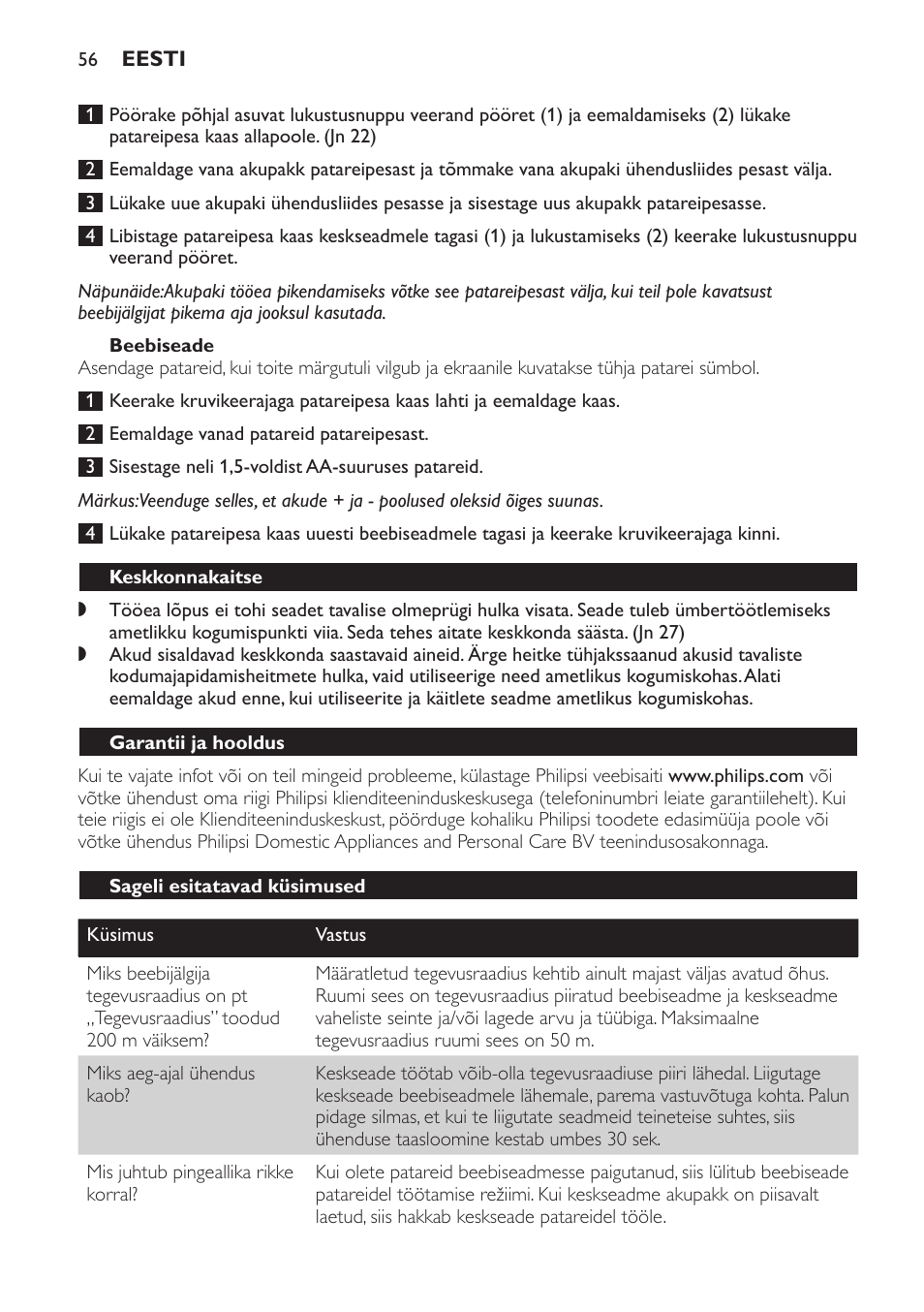 Beebiseade, Keskkonnakaitse, Garantii ja hooldus | Sageli esitatavad küsimused | Philips SCD469 User Manual | Page 56 / 236