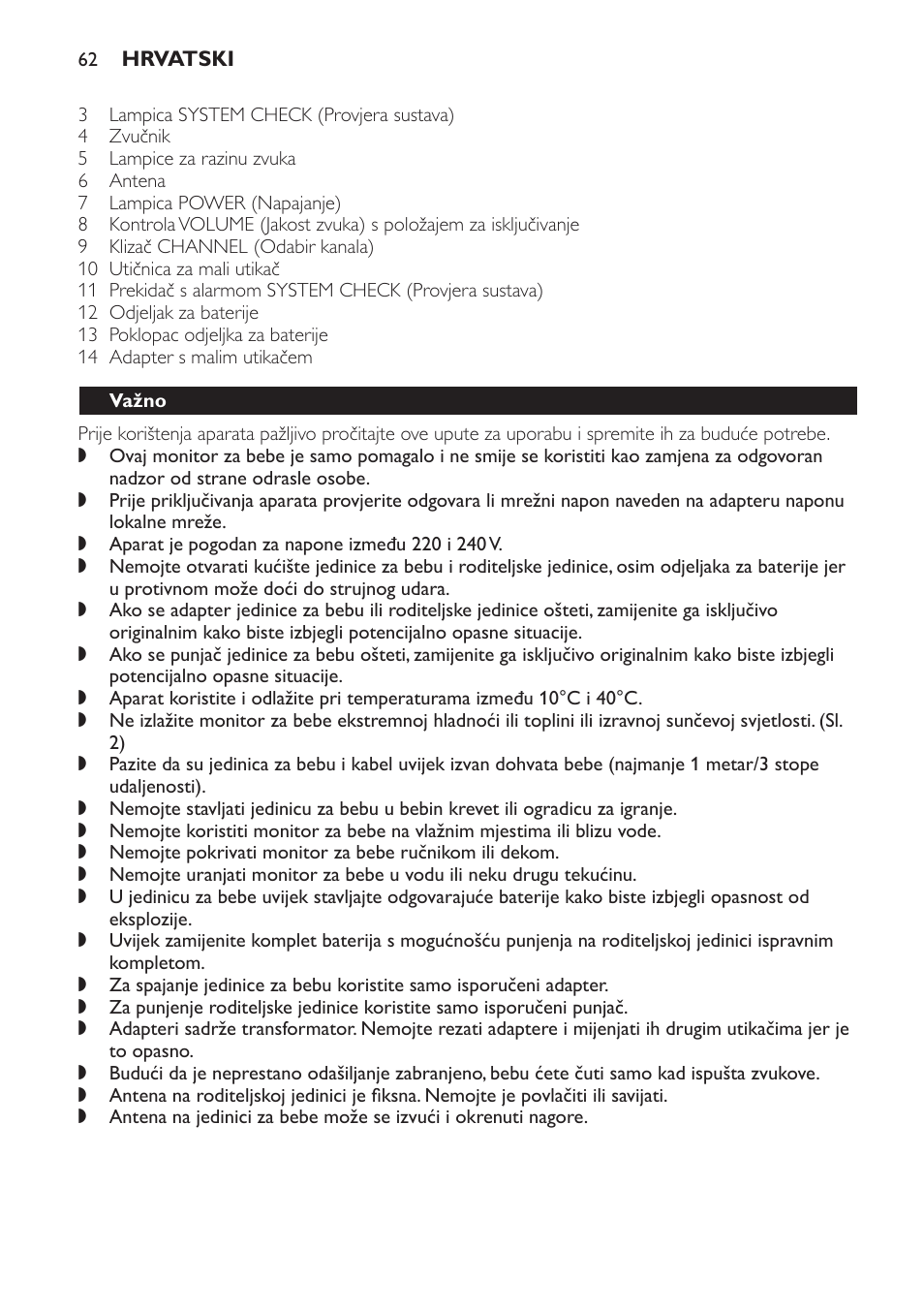 Važno, Priprema za uporabu, Jedinica za bebu | Philips SCD469 User Manual | Page 62 / 236