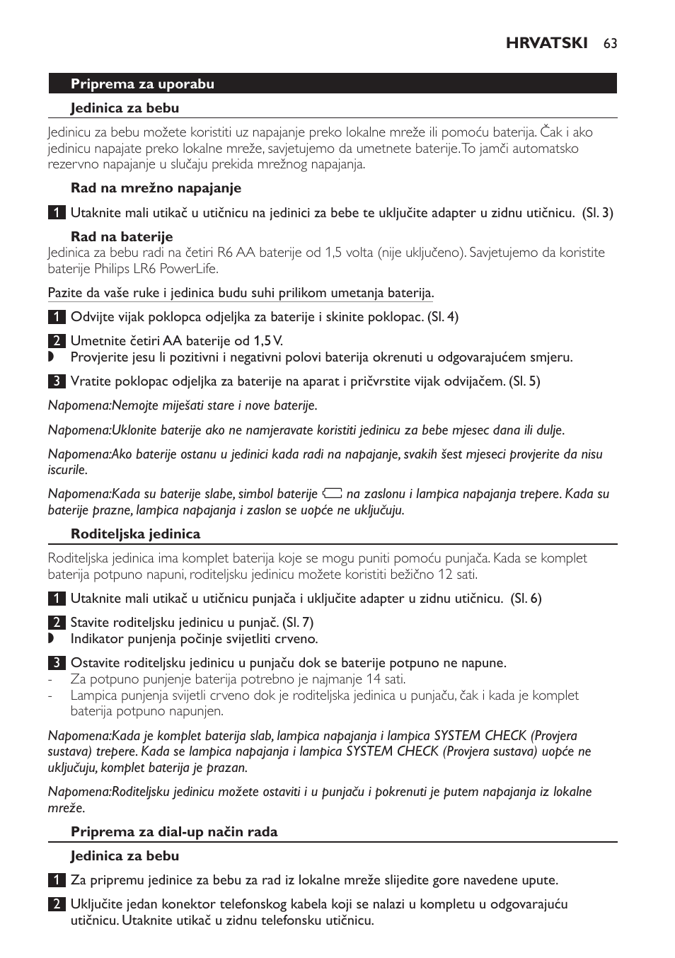 Rad na mrežno napajanje, Rad na baterije, Roditeljska jedinica | Priprema za dial-up način rada, Jedinica za bebu | Philips SCD469 User Manual | Page 63 / 236