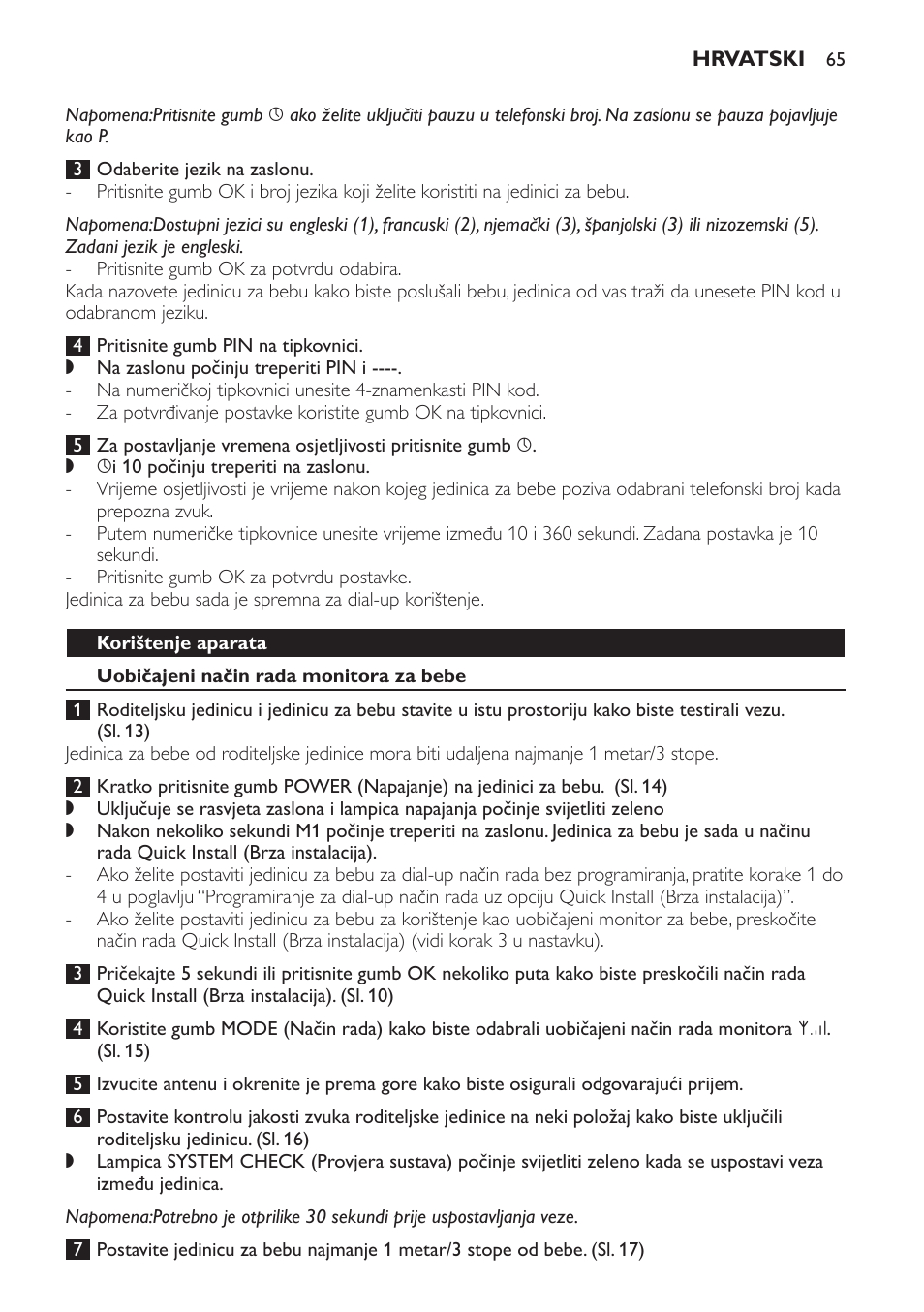 Korištenje aparata, Uobičajeni način rada monitora za bebe, Radni domet | Philips SCD469 User Manual | Page 65 / 236