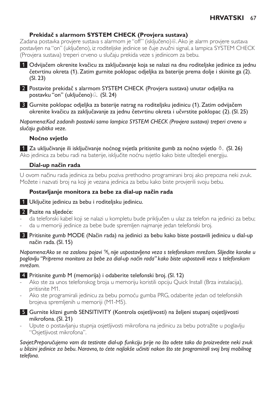 Noćno svjetlo, Dial-up način rada, Odgovor na poziv s monitora za bebe | Philips SCD469 User Manual | Page 67 / 236