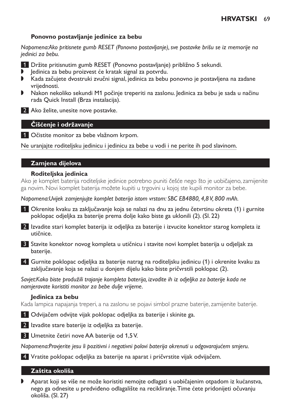 Roditeljska jedinica, Jedinica za bebu, Čišćenje i održavanje | Zamjena dijelova, Zaštita okoliša, Jamstvo i servis | Philips SCD469 User Manual | Page 69 / 236