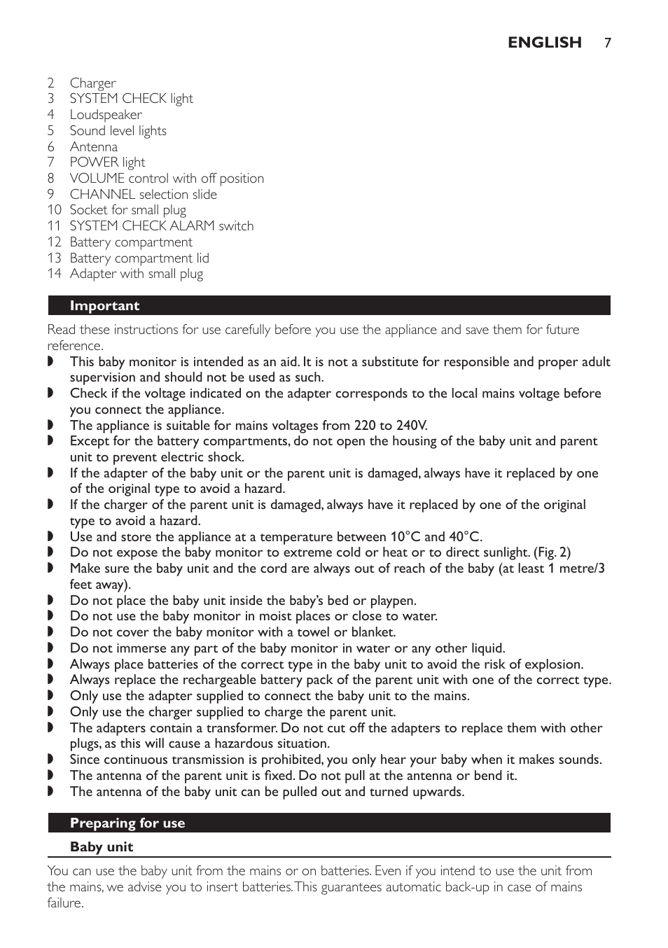 Important, Preparing for use, Baby unit | Philips SCD469 User Manual | Page 7 / 236