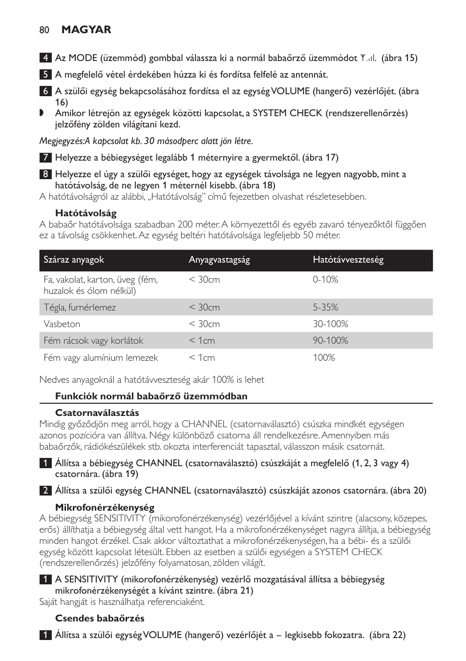 Hatótávolság, Funkciók normál babaőrző üzemmódban, Csatornaválasztás | Mikrofonérzékenység, Csendes babaőrzés | Philips SCD469 User Manual | Page 80 / 236