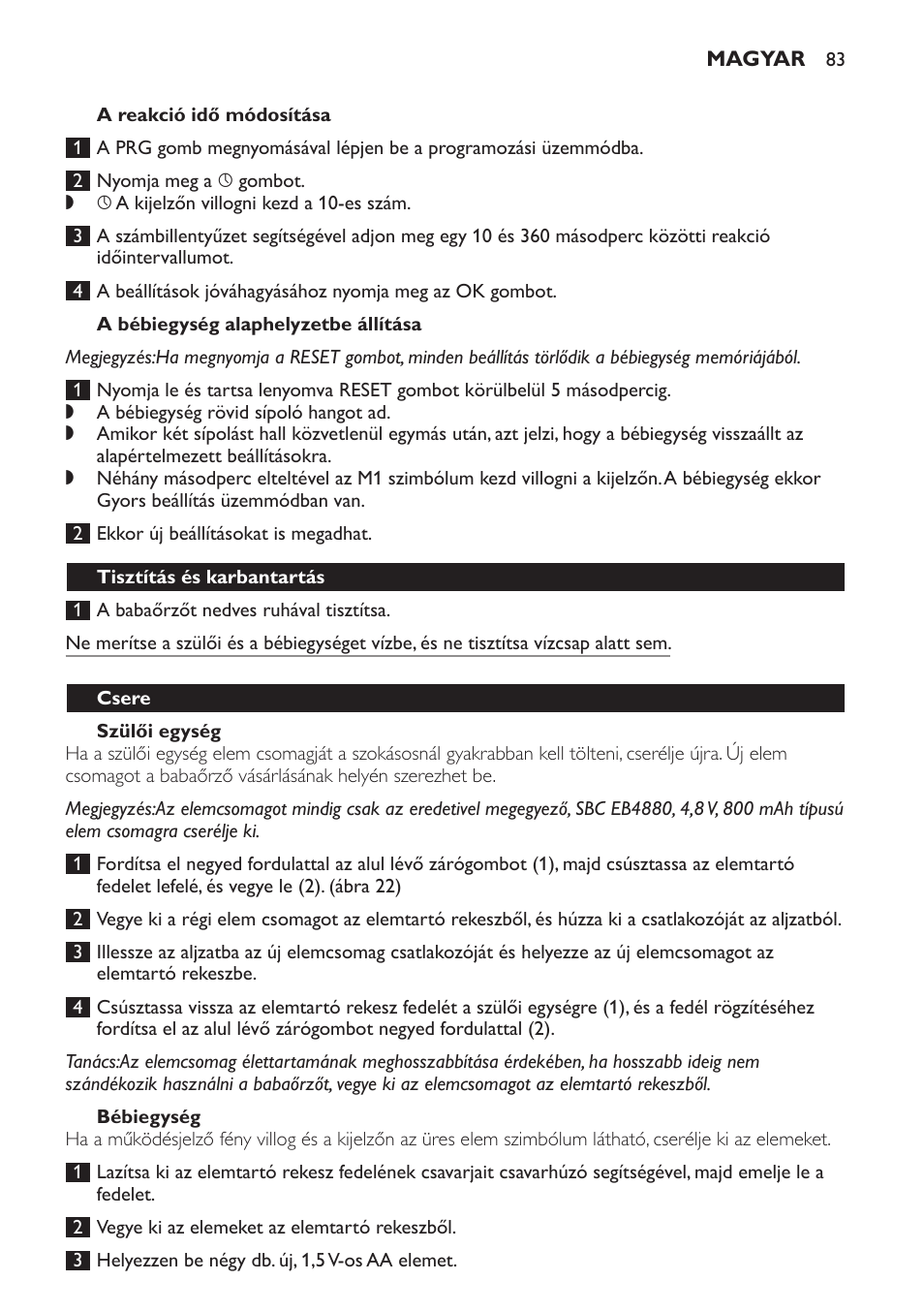 A bébiegység alaphelyzetbe állítása, Szülői egység, Bébiegység | Tisztítás és karbantartás, Csere | Philips SCD469 User Manual | Page 83 / 236