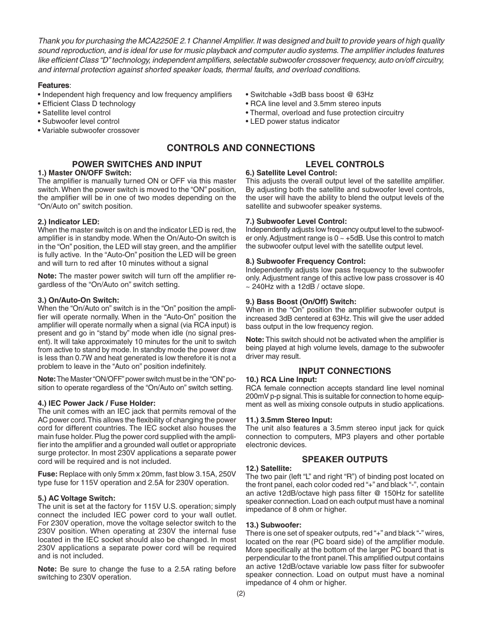 Controls and connections | Dayton Audio MCA2250E 2.1 Channel Class D Plate Amplifier User Manual | Page 2 / 4