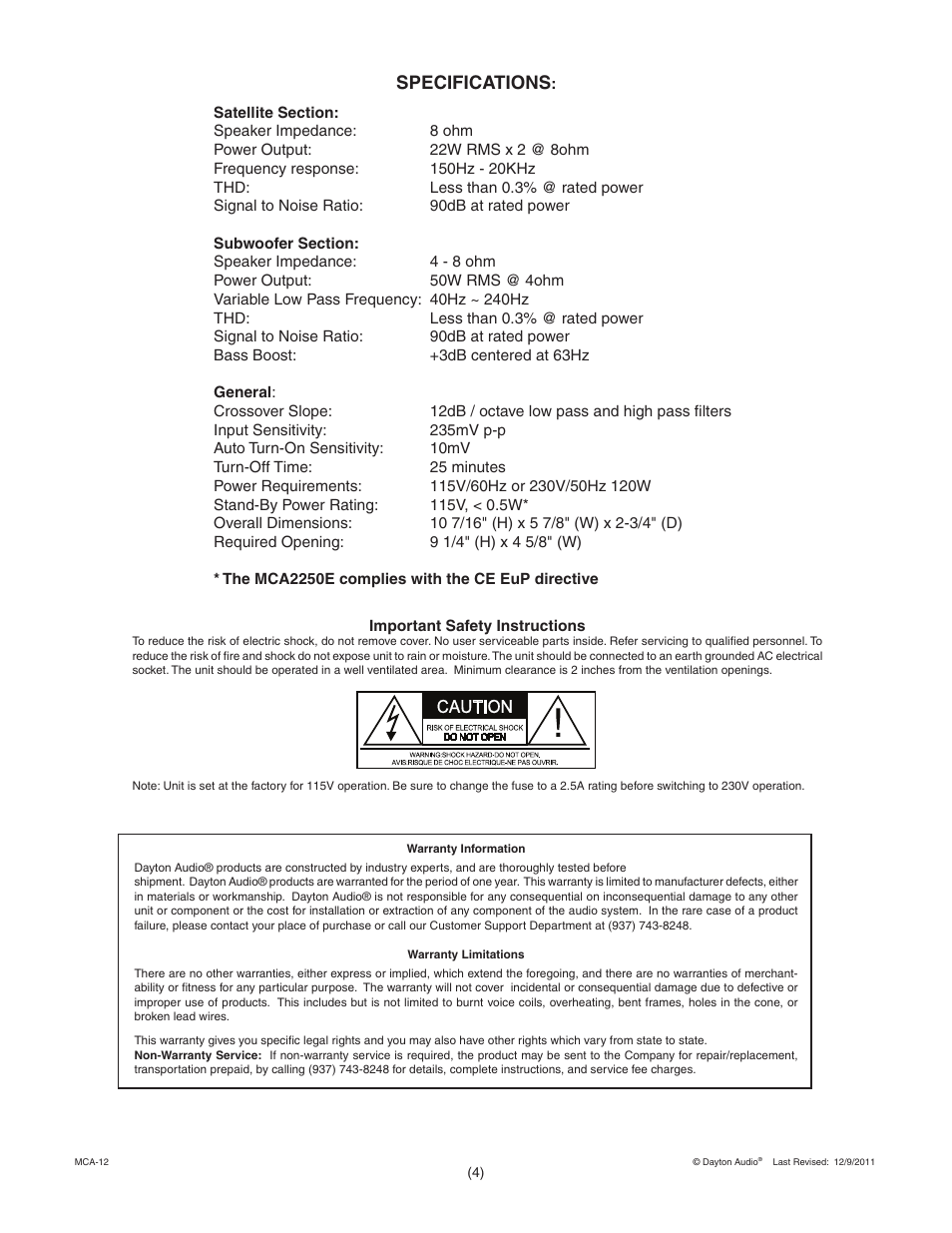 Specifications | Dayton Audio MCA2250E 2.1 Channel Class D Plate Amplifier User Manual | Page 4 / 4