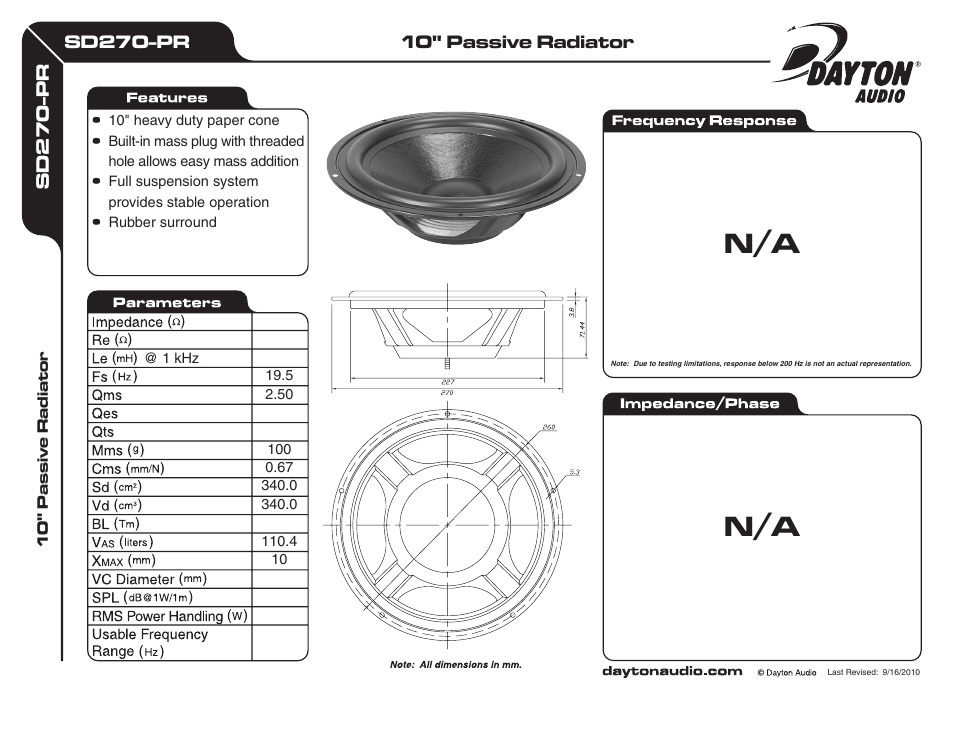 Dayton Audio SD270-PR 10" Passive Radiator User Manual | 1 page