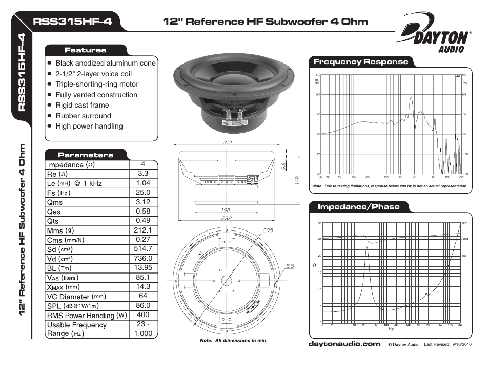 Dayton Audio RSS315HF-4 12" Reference HF Subwoofer 4 Ohm User Manual | 1 page