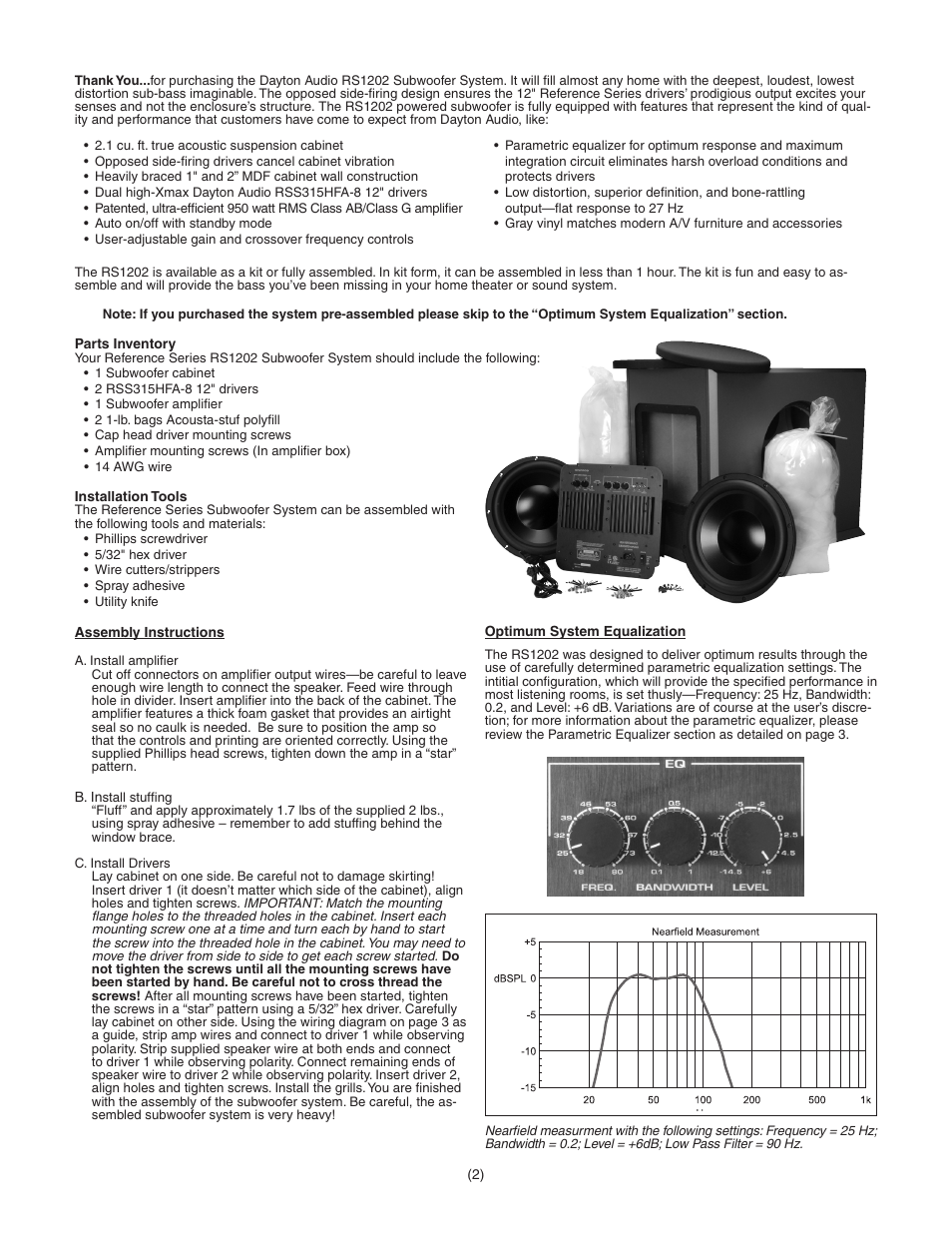 Dayton Audio RS1202A 1000 Watt Dual 12" Subwoofer System Assembled User Manual | Page 2 / 4