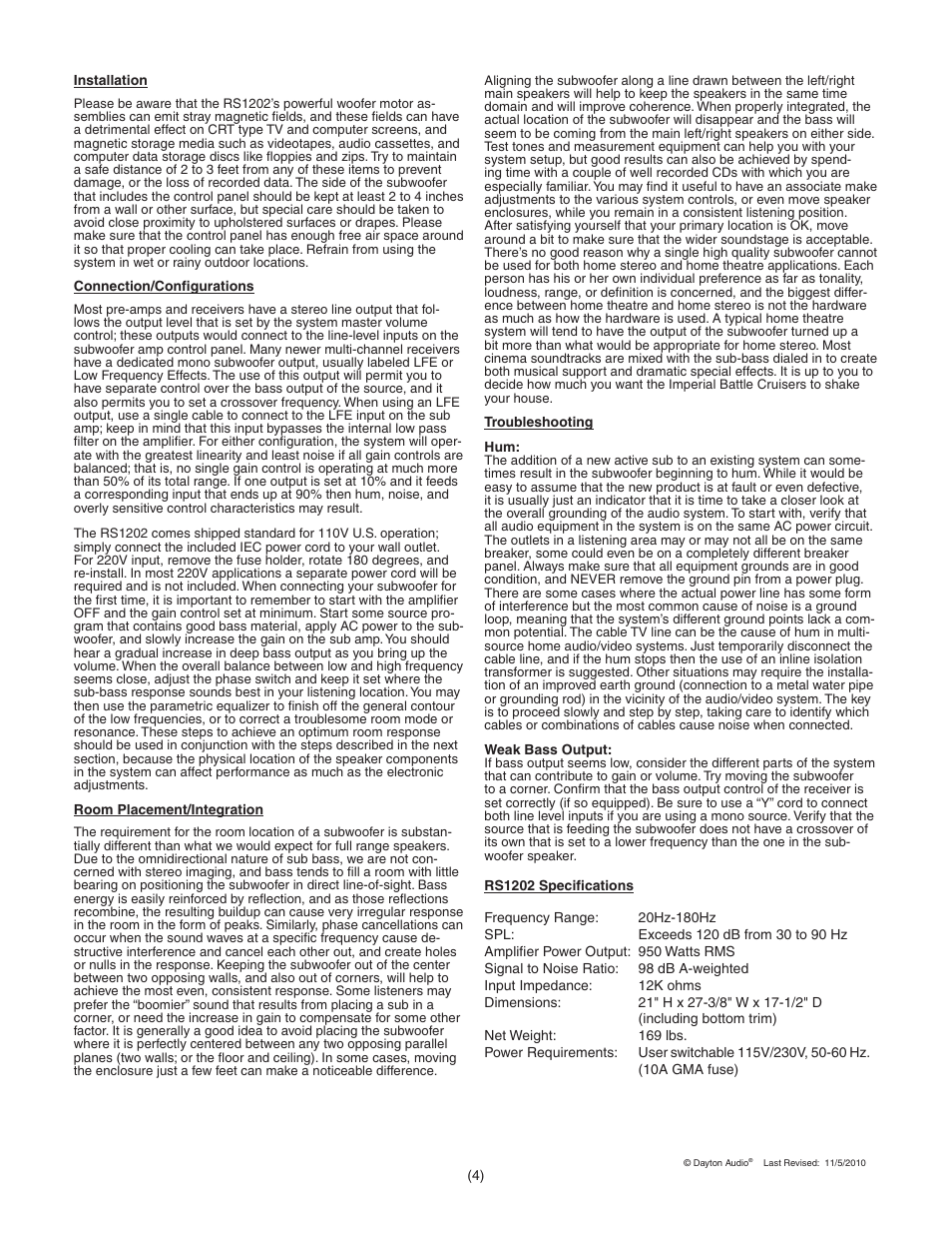 Dayton Audio RS1202A 1000 Watt Dual 12" Subwoofer System Assembled User Manual | Page 4 / 4
