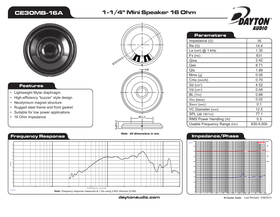 Dayton Audio CE30MB-16A 1-1 User Manual | 1 page