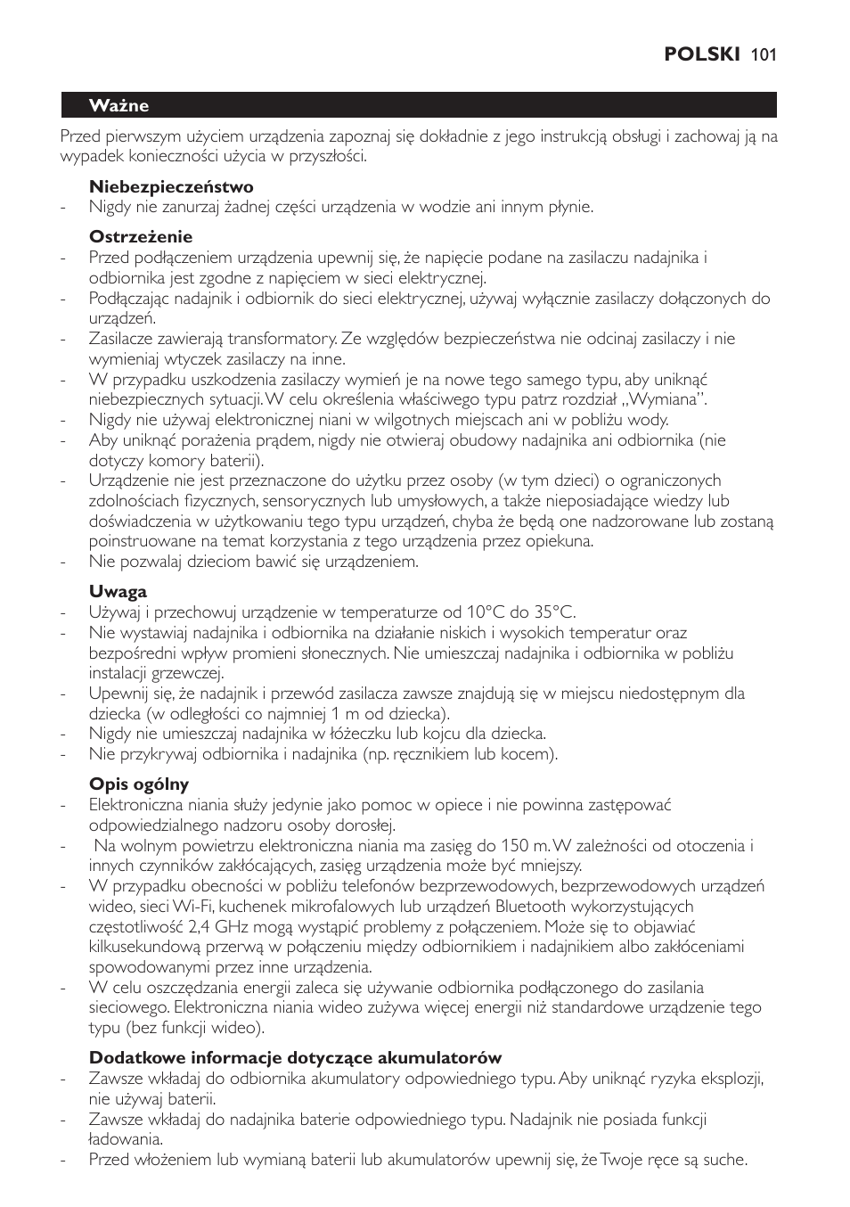 Niebezpieczeństwo, Ostrzeżenie, Uwaga | Opis ogólny, Dodatkowe informacje dotyczące akumulatorów, Ważne | Philips SCD600 User Manual | Page 101 / 180