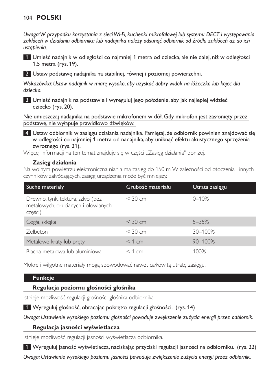 Zasięg działania, Funkcje, Regulacja poziomu głośności głośnika | Regulacja jasności wyświetlacza | Philips SCD600 User Manual | Page 104 / 180