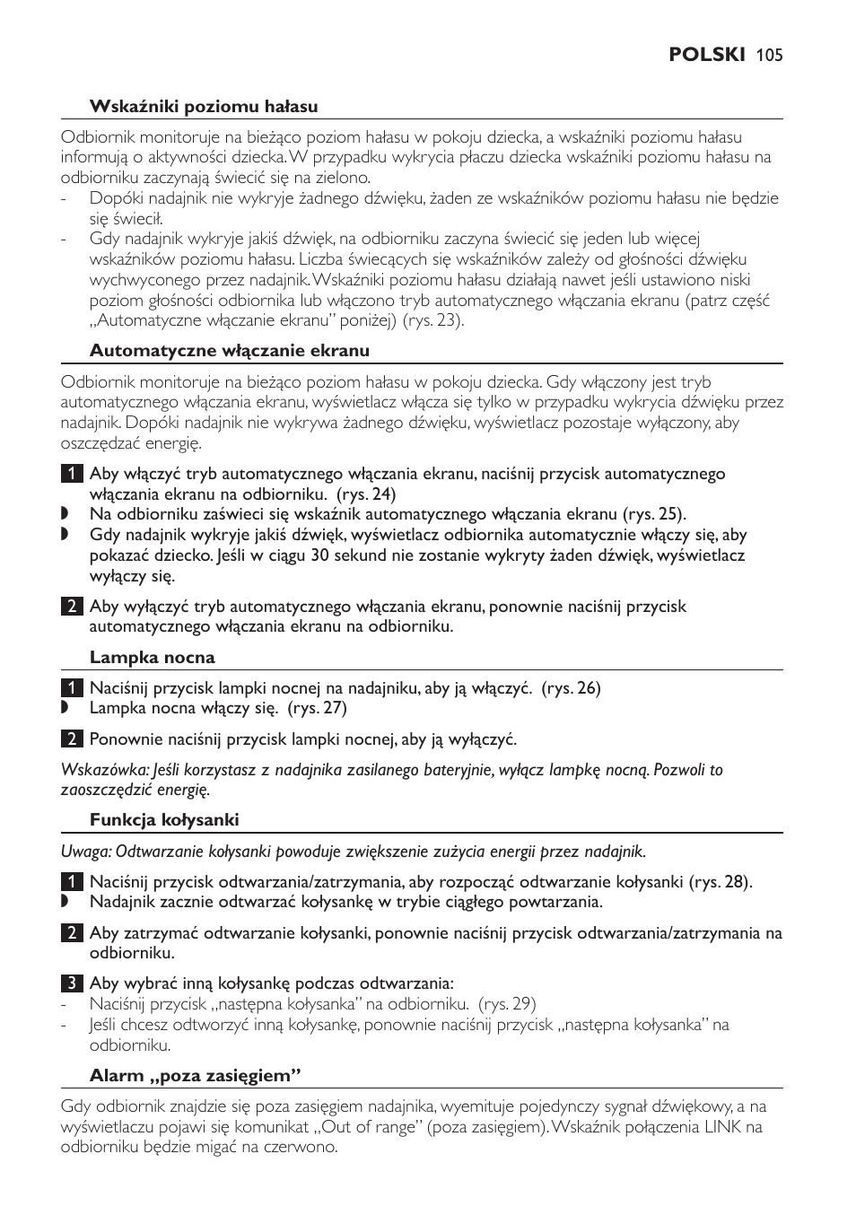 Wskaźniki poziomu hałasu, Automatyczne włączanie ekranu, Lampka nocna | Funkcja kołysanki, Alarm „poza zasięgiem | Philips SCD600 User Manual | Page 105 / 180