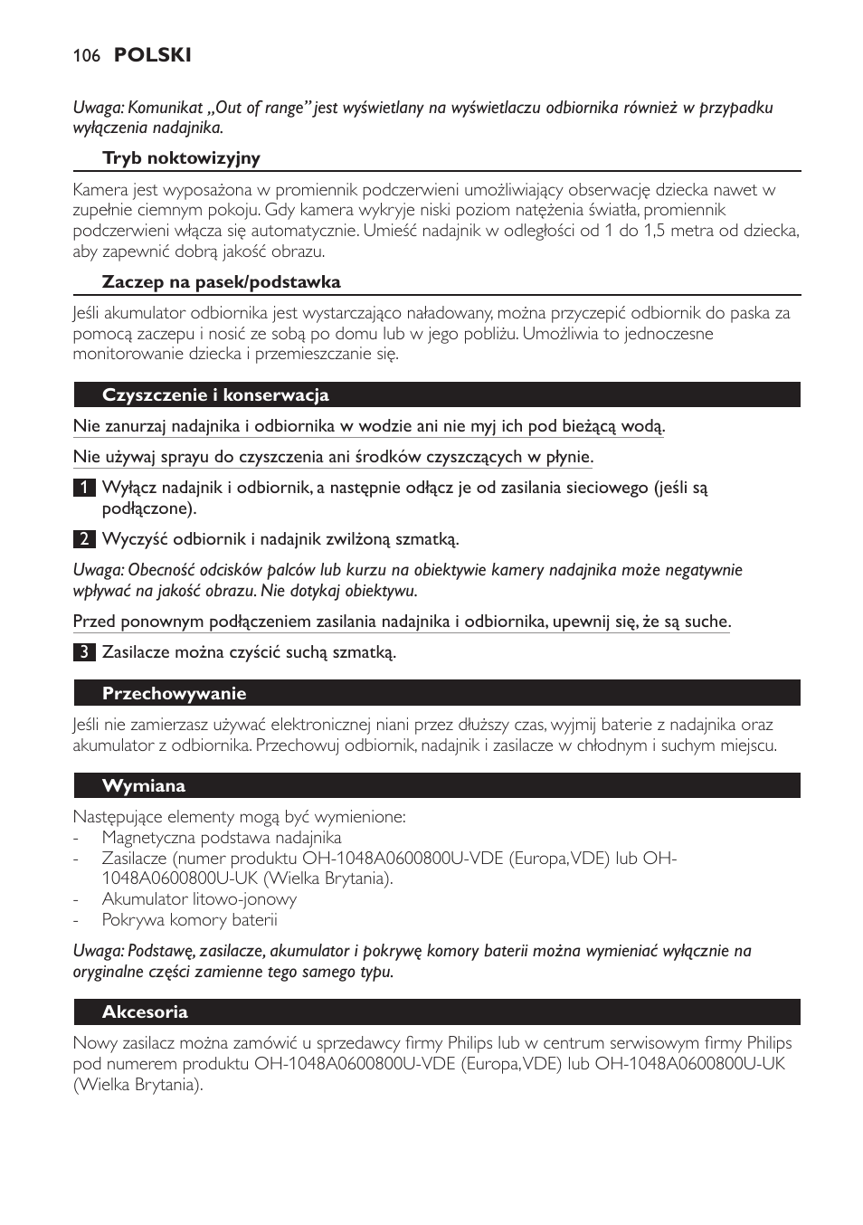 Tryb noktowizyjny, Zaczep na pasek/podstawka, Czyszczenie i konserwacja | Przechowywanie, Wymiana, Akcesoria | Philips SCD600 User Manual | Page 106 / 180