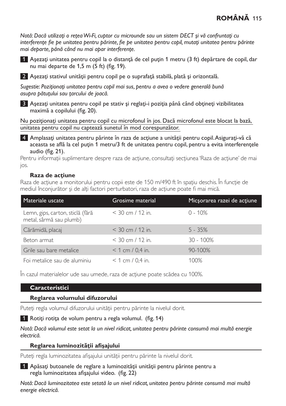 Raza de acţiune, Caracteristici, Reglarea volumului difuzorului | Reglarea luminozităţii afişajului | Philips SCD600 User Manual | Page 115 / 180