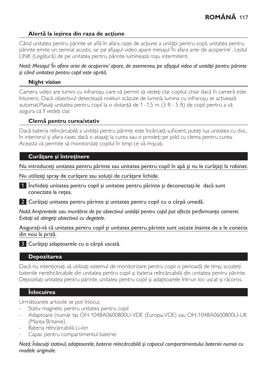 Alertă la ieşirea din raza de acţiune, Night vision, Clemă pentru curea/stativ | Curăţare şi întreţinere, Depozitarea, Înlocuirea | Philips SCD600 User Manual | Page 117 / 180