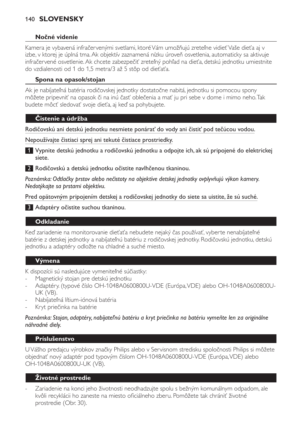 Nočné videnie, Spona na opasok/stojan, Čistenie a údržba | Odkladanie, Výmena, Príslušenstvo, Životné prostredie | Philips SCD600 User Manual | Page 140 / 180