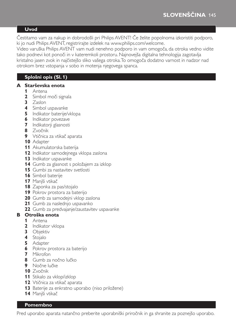 Slovenščina, Uvod, Splošni opis (sl. 1) | Pomembno | Philips SCD600 User Manual | Page 145 / 180
