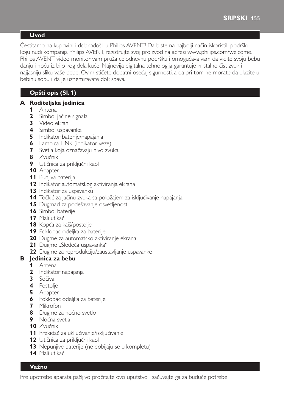 Srpski, Uvod, Opšti opis (sl. 1) | Važno | Philips SCD600 User Manual | Page 155 / 180