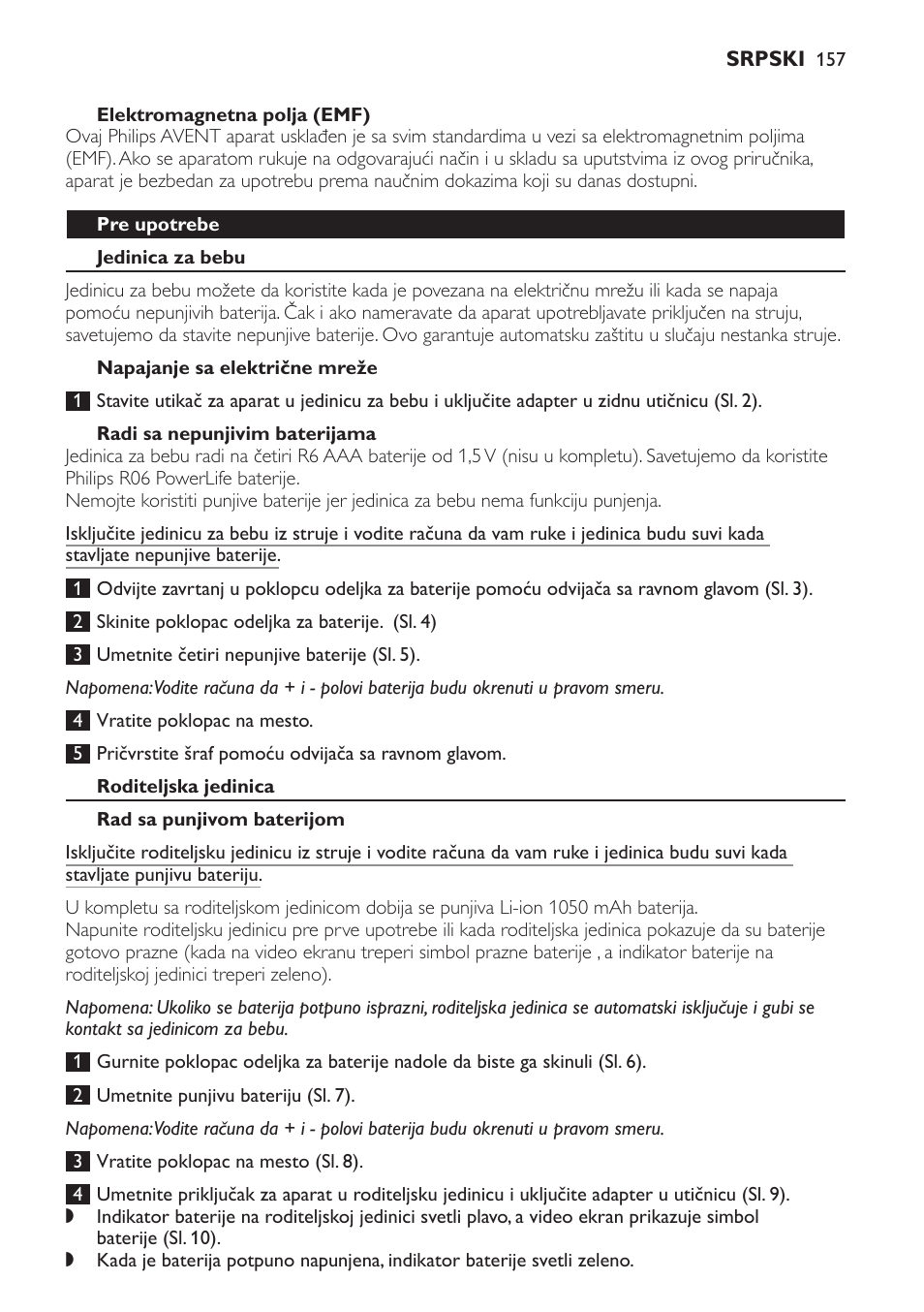 Elektromagnetna polja (emf), Pre upotrebe, Jedinica za bebu | Napajanje sa električne mreže, Radi sa nepunjivim baterijama, Roditeljska jedinica, Rad sa punjivom baterijom | Philips SCD600 User Manual | Page 157 / 180