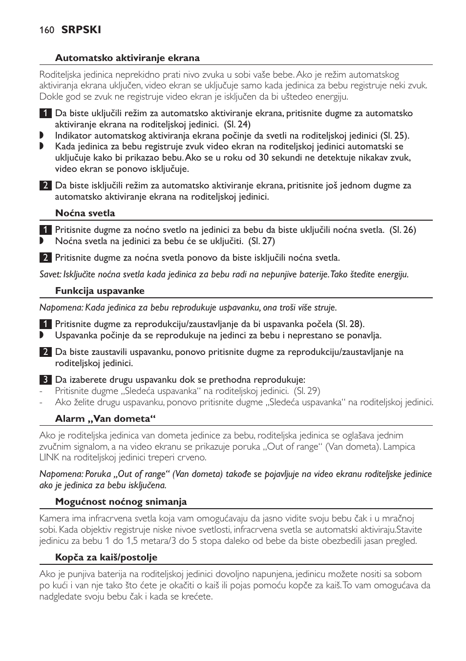 Automatsko aktiviranje ekrana, Noćna svetla, Funkcija uspavanke | Alarm „van dometa, Mogućnost noćnog snimanja, Kopča za kaiš/postolje | Philips SCD600 User Manual | Page 160 / 180