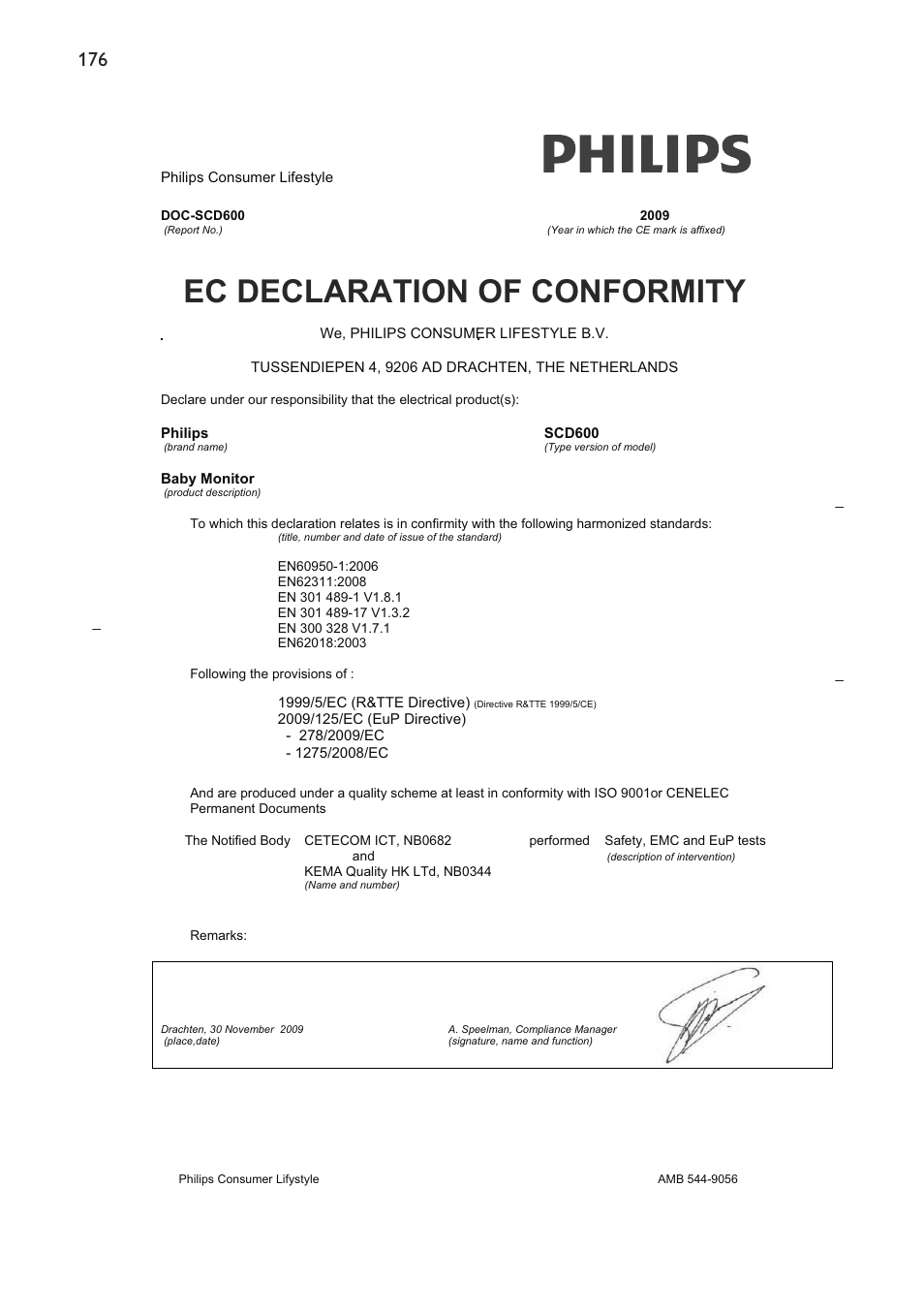 Ec declaration of conformity | Philips SCD600 User Manual | Page 176 / 180