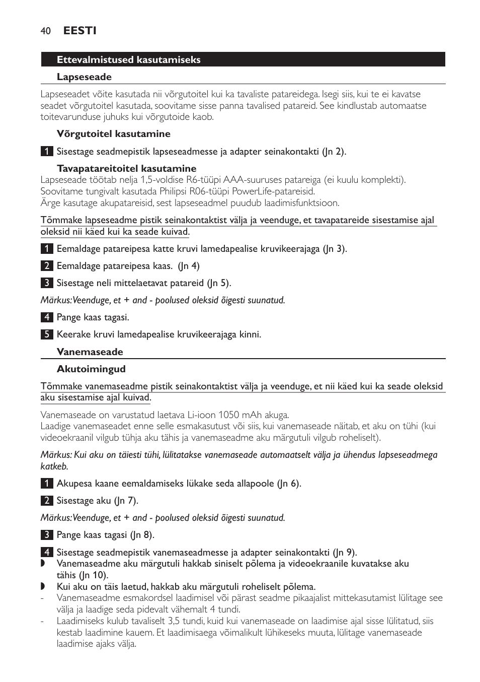 Ettevalmistused kasutamiseks, Lapseseade, Võrgutoitel kasutamine | Tavapatareitoitel kasutamine, Vanemaseade, Akutoimingud | Philips SCD600 User Manual | Page 40 / 180