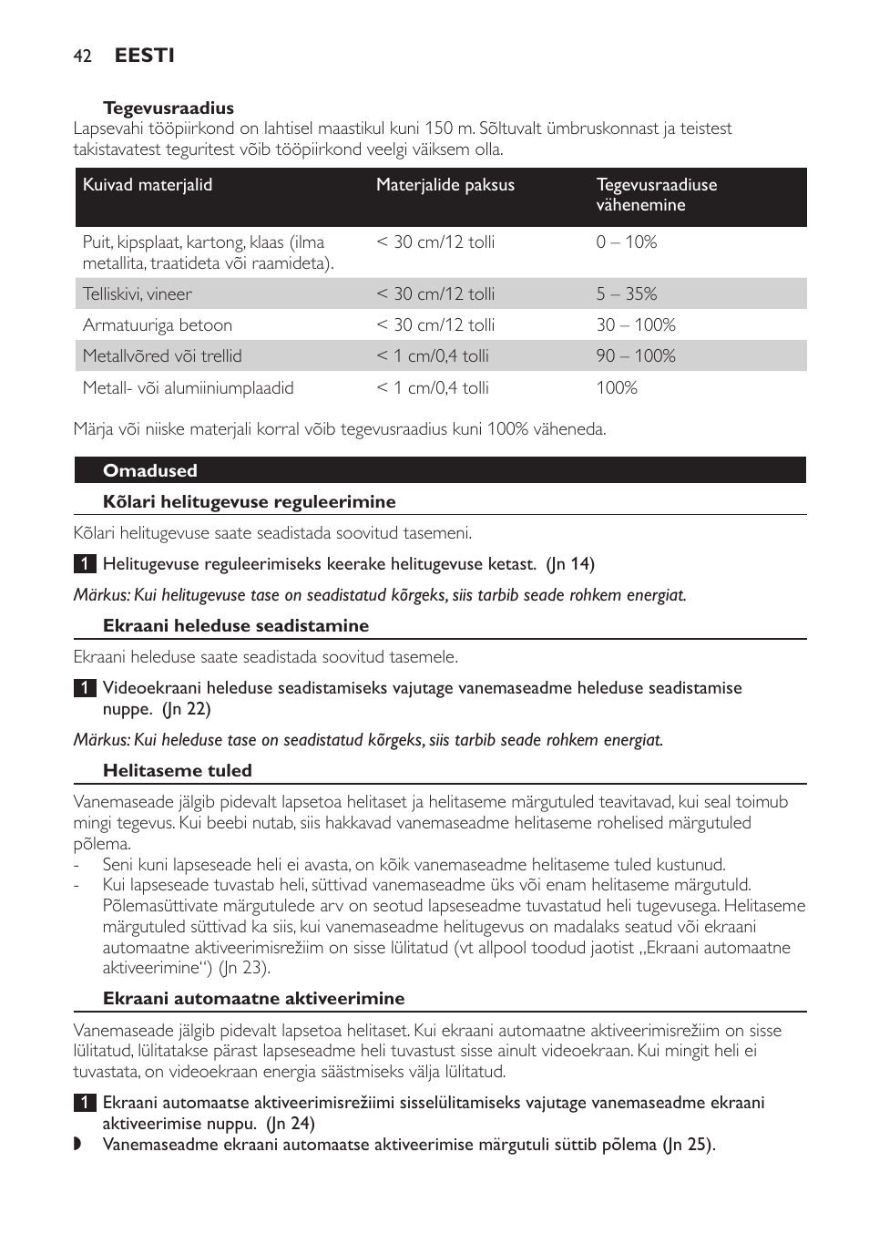 Tegevusraadius, Omadused, Kõlari helitugevuse reguleerimine | Ekraani heleduse seadistamine, Helitaseme tuled, Ekraani automaatne aktiveerimine | Philips SCD600 User Manual | Page 42 / 180