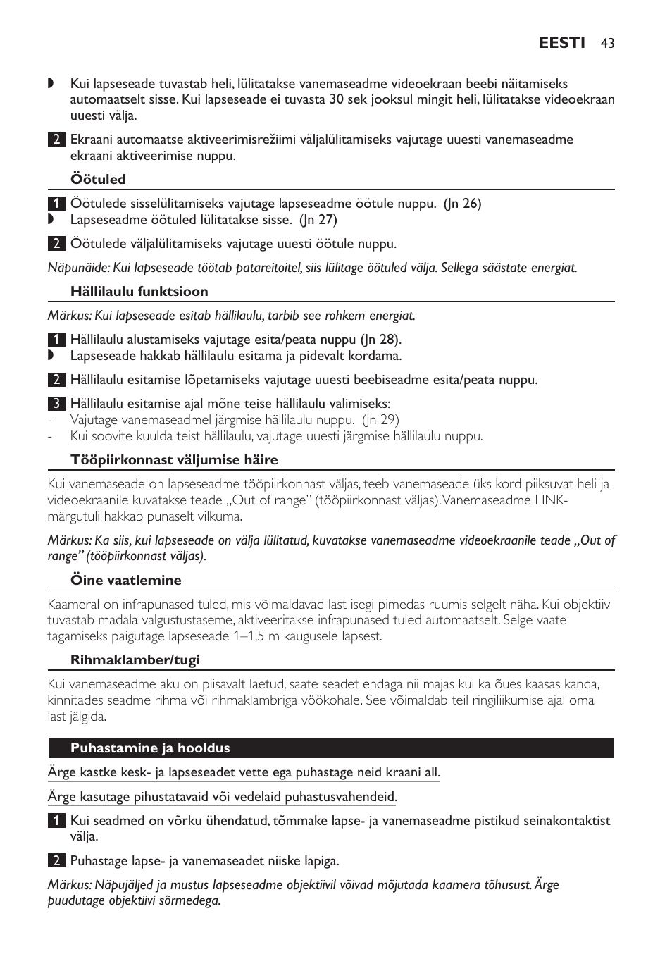 Öötuled, Hällilaulu funktsioon, Tööpiirkonnast väljumise häire | Öine vaatlemine, Rihmaklamber/tugi, Puhastamine ja hooldus | Philips SCD600 User Manual | Page 43 / 180