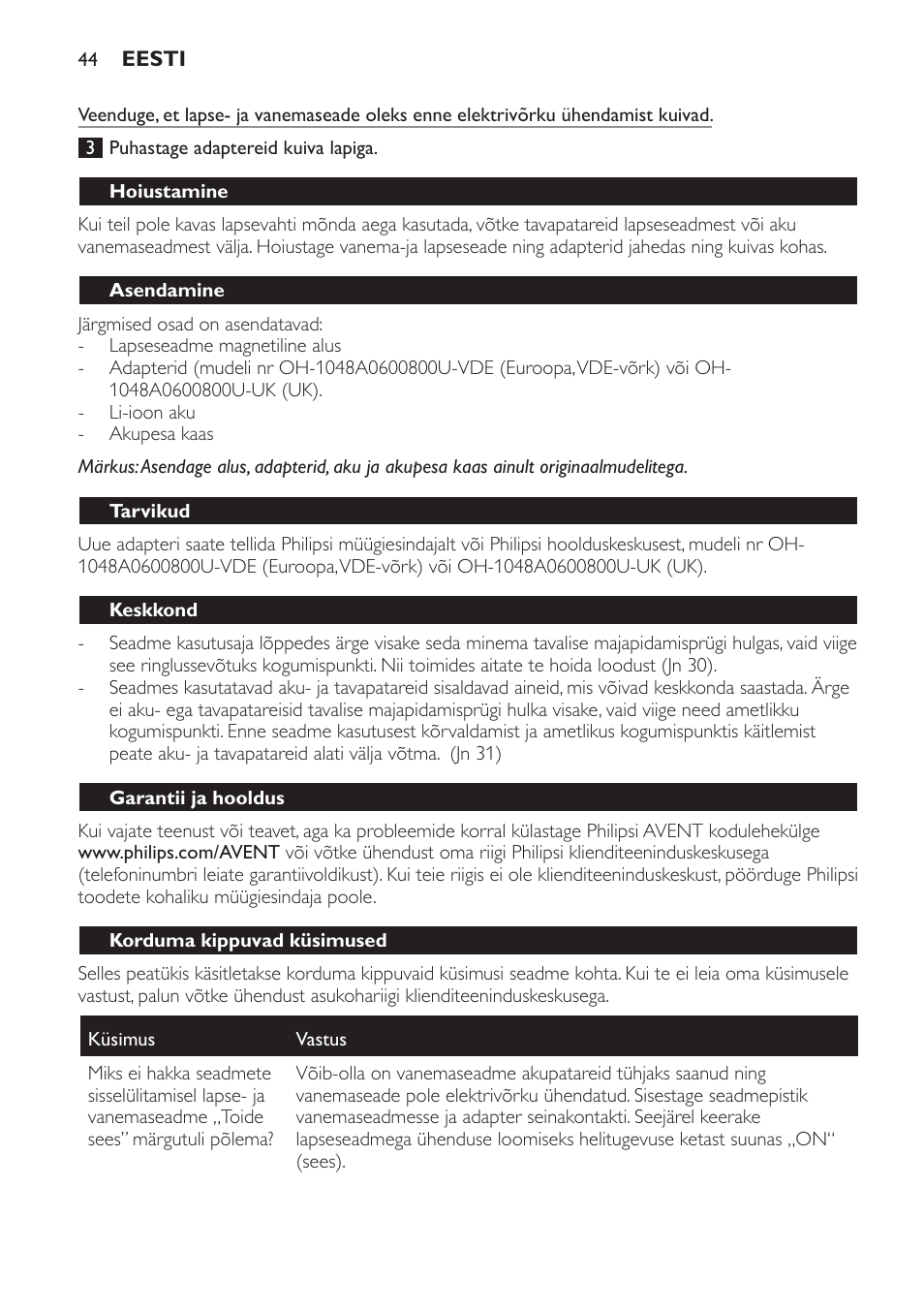 Hoiustamine, Asendamine, Tarvikud | Keskkond, Garantii ja hooldus, Korduma kippuvad küsimused | Philips SCD600 User Manual | Page 44 / 180