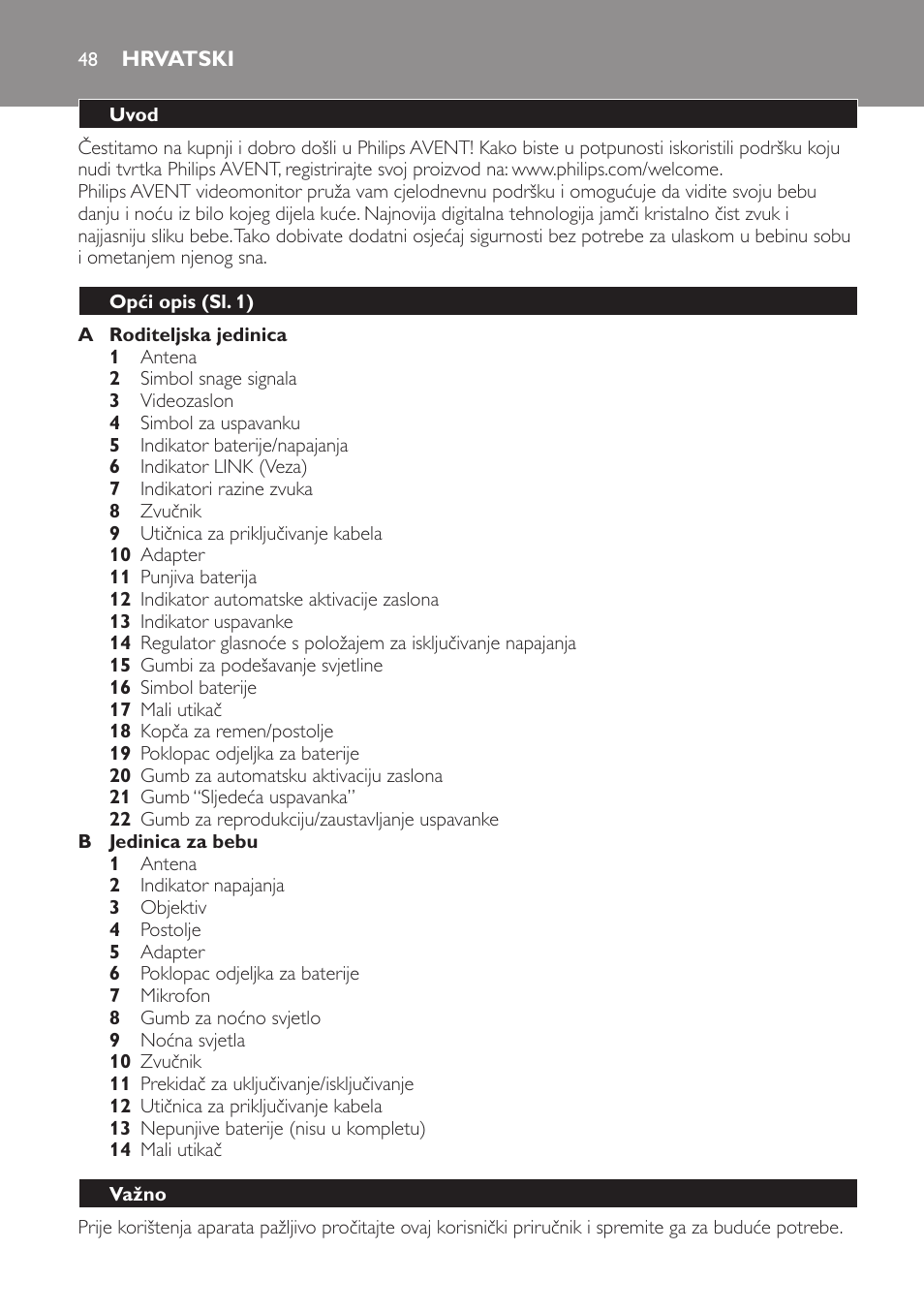 Hrvatski, Uvod, Opći opis (sl. 1) | Važno | Philips SCD600 User Manual | Page 48 / 180