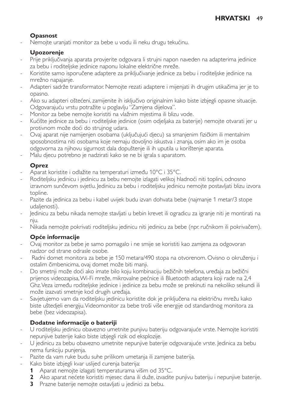 Opasnost, Upozorenje, Oprez | Opće informacije, Dodatne informacije o bateriji | Philips SCD600 User Manual | Page 49 / 180
