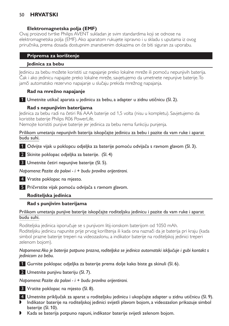 Elektromagnetska polja (emf), Priprema za korištenje, Jedinica za bebu | Rad na mrežno napajanje, Rad s nepunjivim baterijama, Roditeljska jedinica, Rad s punjivim baterijama | Philips SCD600 User Manual | Page 50 / 180